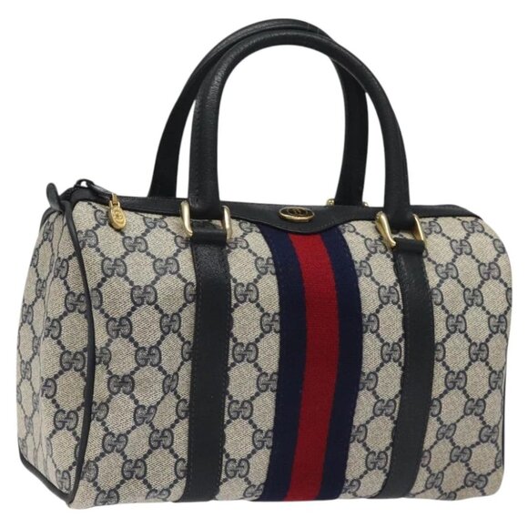 GUCCI GG Supreme Sherry Line Boston Bag PVC Navy Gold Red 40 3841 Auth KD538